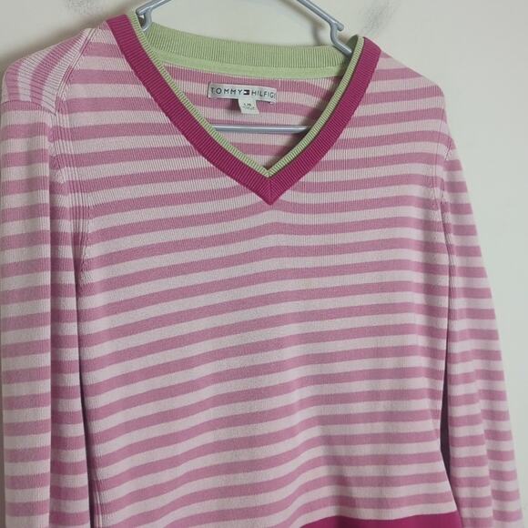 Y2K Tommy Hilfinger Cropped Preppy Tight Knit Sweater Pink Women's Size L - Picture 7 of 11